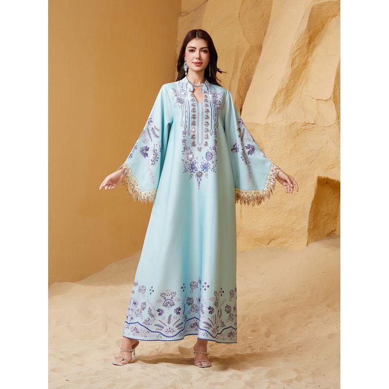 

Новый Ближний Восток Дубай Платье-халат с длинным рукавом, принтом и кисточками, Платье-халат с принтом и кисточками Sky Blue 2XL