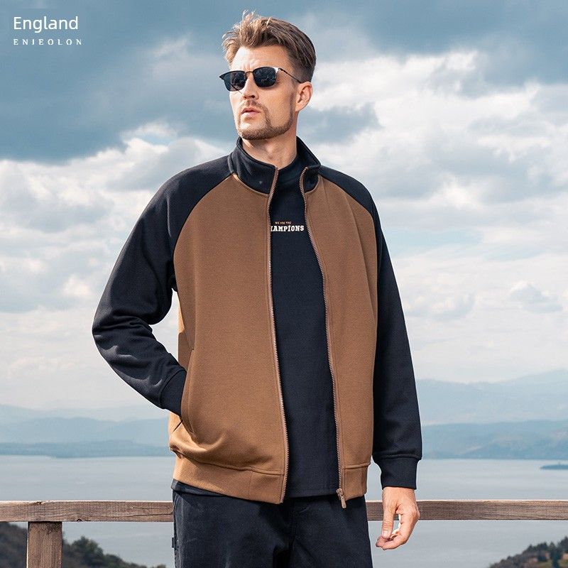 

Yingjuelun 430g Heavy-Duty Fleece-Lined Thickened Stand-Collar Jacket for Men, Autumn and Winter American Style Color-Blocked Raglan Sleeve Knit Coat