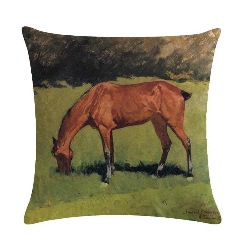 Retro Nostalgische Kunst Pferde-Druck Dekorative Kissenhülle Baumwolle Leinen Haus Auto Sofa Kissenbezug Heimdekoration 45X45cm