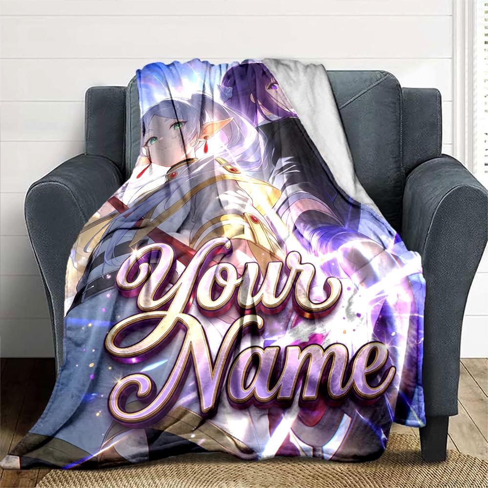 1pc Frieren Blanket with Custom Name, Gift, for Men and Women, Soft Blanket, Good for Sofa Bed Couch Travel, Lightweight Flannel Blanket