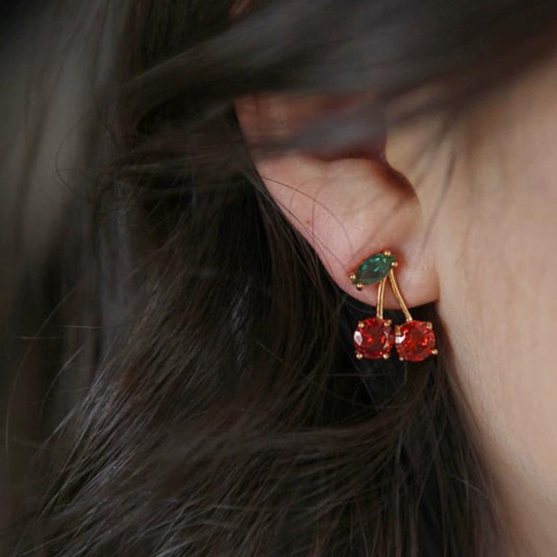 New Red Zircon Cherry Earrings Stud Fresh Trendy Style Women's Shiny Crystal Dangle Earrings Party Exquisite Jewelry Accessories