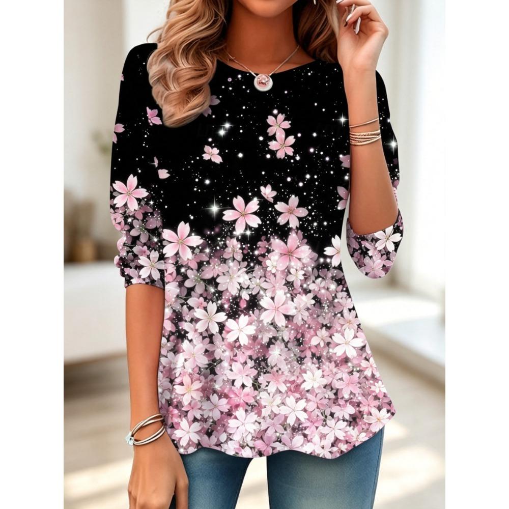 Women's Long Sleeve Crew Neck Pink Floral Glitter Print Casual T-Shirt, Regular Tops for Spring Summer Daily Party Wear