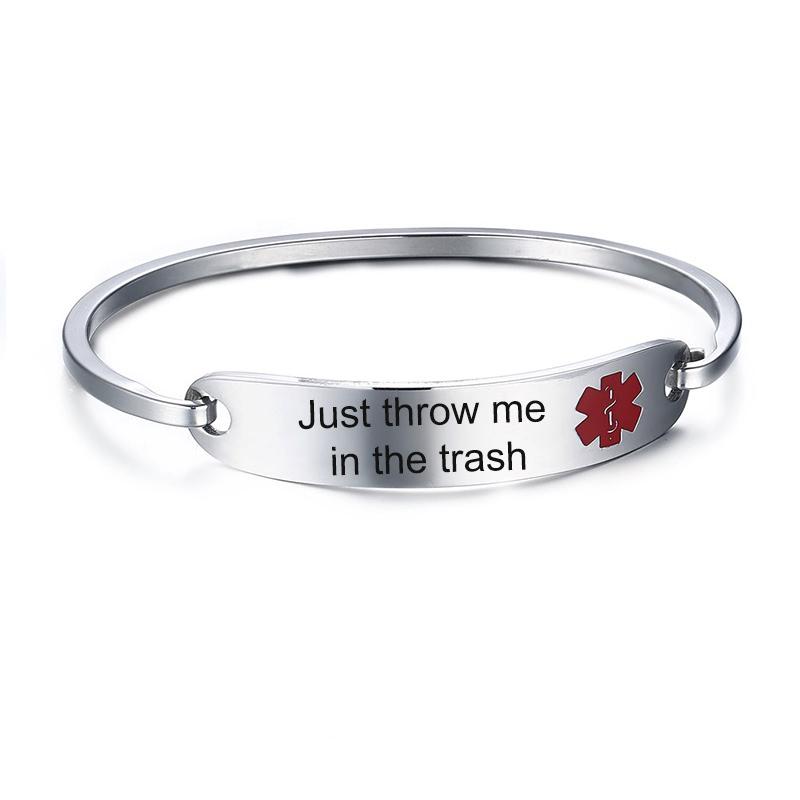 When I'm Dead Just Throw Me in The Trash Medical Alert ID Bracelets for Women Stainless Steel Elegant Personalize Cuff Bangle