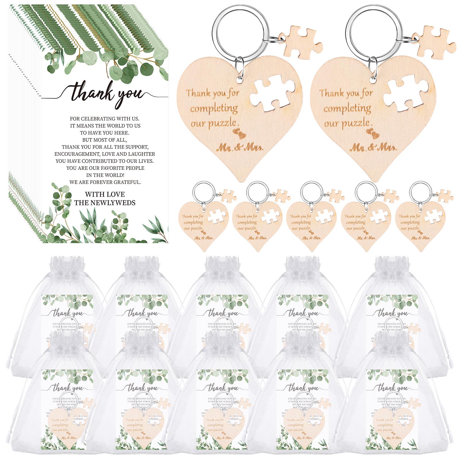 

30 Sets Wedding Keychains Gifts For Guests Wood Heart Puzzle Keychains With Thank You Cards Organza Bags For Wedding Bridal Shower Souvenir Gifts