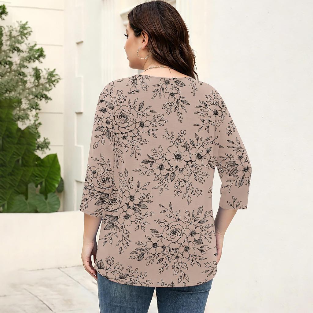 Blusa Floral Feminina Plus Size com Manga Três Quartos, Blusa Casual, Túnica de Corte Amplo para Primavera Verão, Uso Diário, Trabalho e Saídas