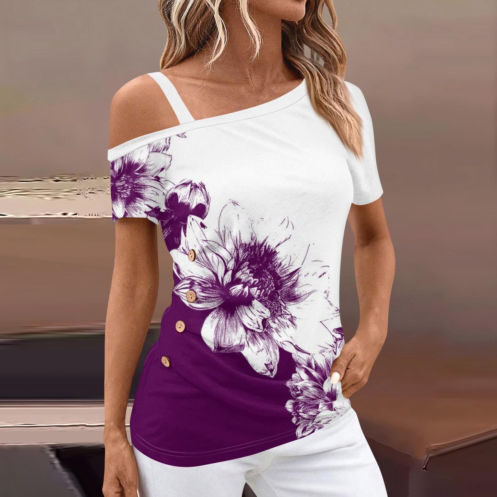 

Женские топы с открытыми плечами, плиссированные футболки с асимметричным вырезом и короткими рукавами, принты M фиолетовый