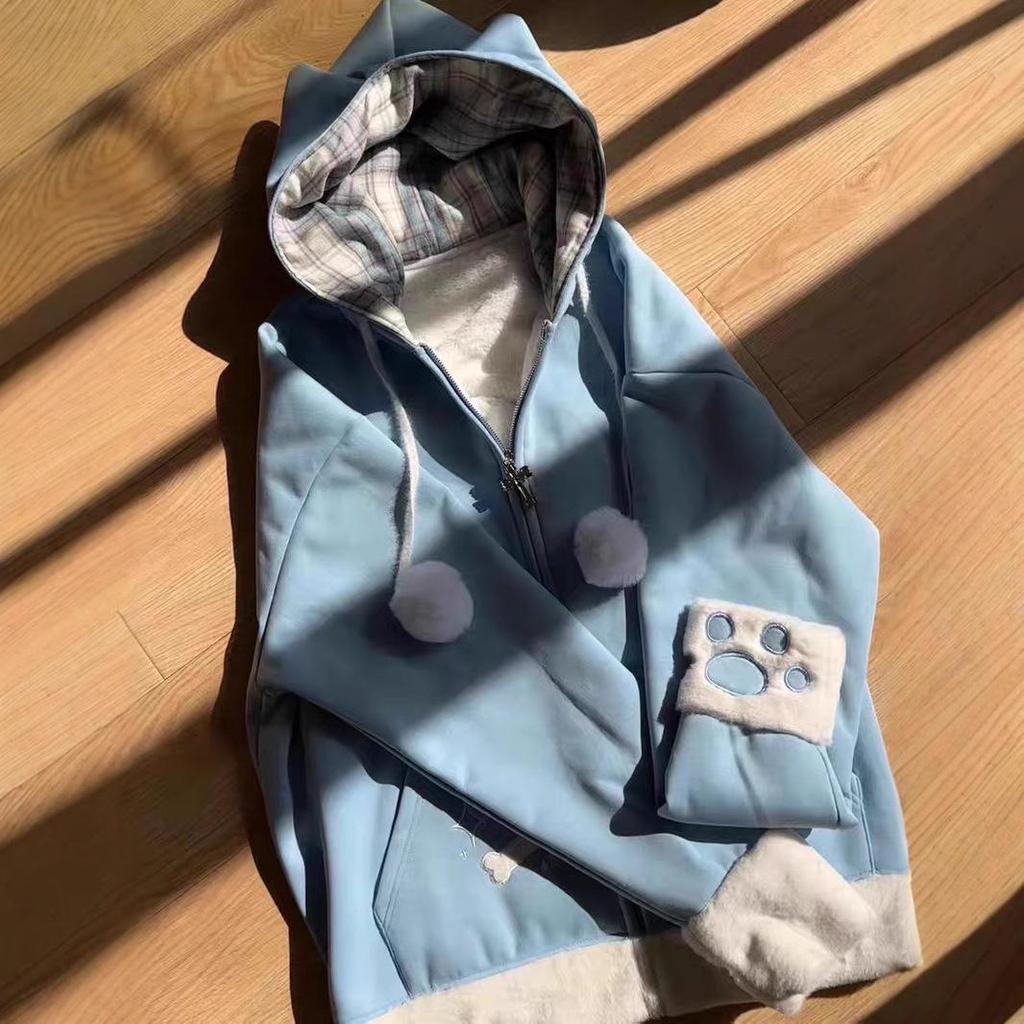 Hanorac cu glugă cu urechi de pisică, patchwork carouri Y2K Millennial - Jachetă de damă căptușită cu fleece pentru toamnă și iarnă