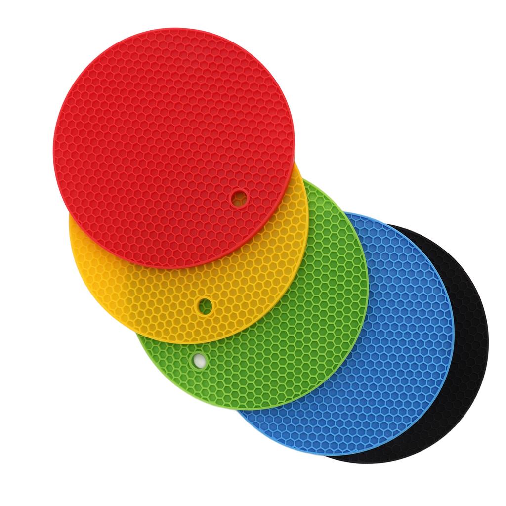 5Pcs Round 7 Inch Silicone Trivet Mat Heat Resistant Silicone Pot Holders Yellow Black Red Blue