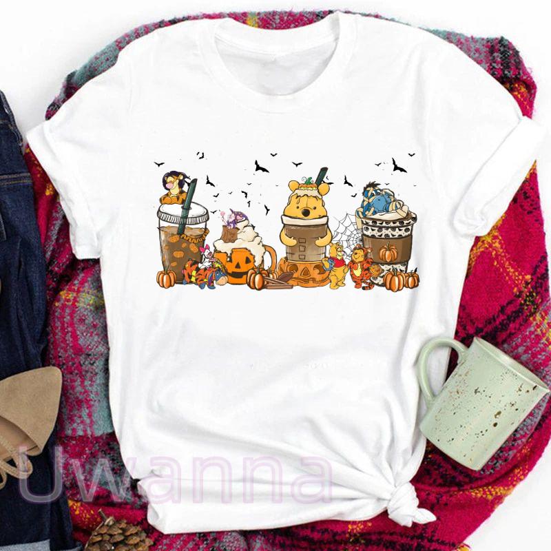 

Mickey Minnie Tshirt Cartoon Coffee Print Halloween Crewneck Fashion Princess Tshirt Top Loose Street Costume S
