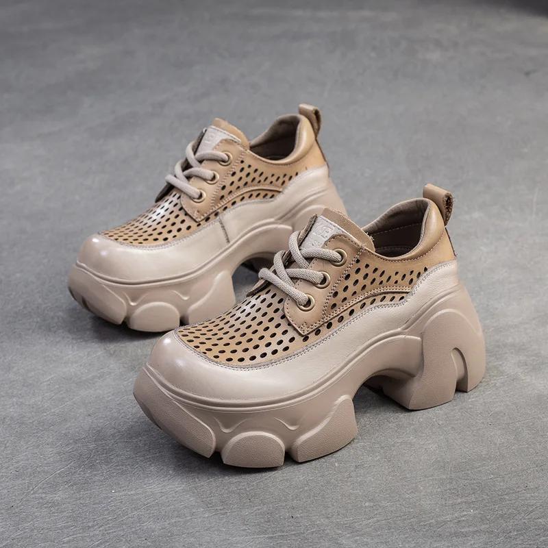 

Модные 7 см Натуральная кожа Лето 2025 Новые Ретро Корейский стиль Дышащая сетчатая поверхность Универсальные лоферы Сандалии на высокой подошве для женщин 40 хаки