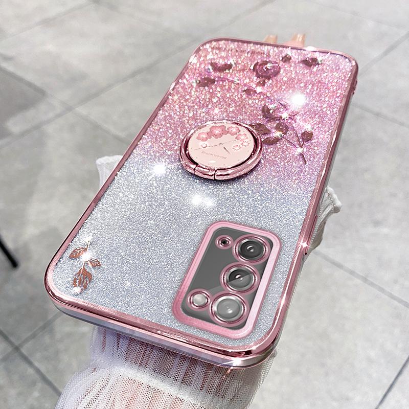 KADEM Flower Pattern Phone Case for Samsung Galaxy A31 Glitter Gradient Soft TPU Cover with Ring Kickstand