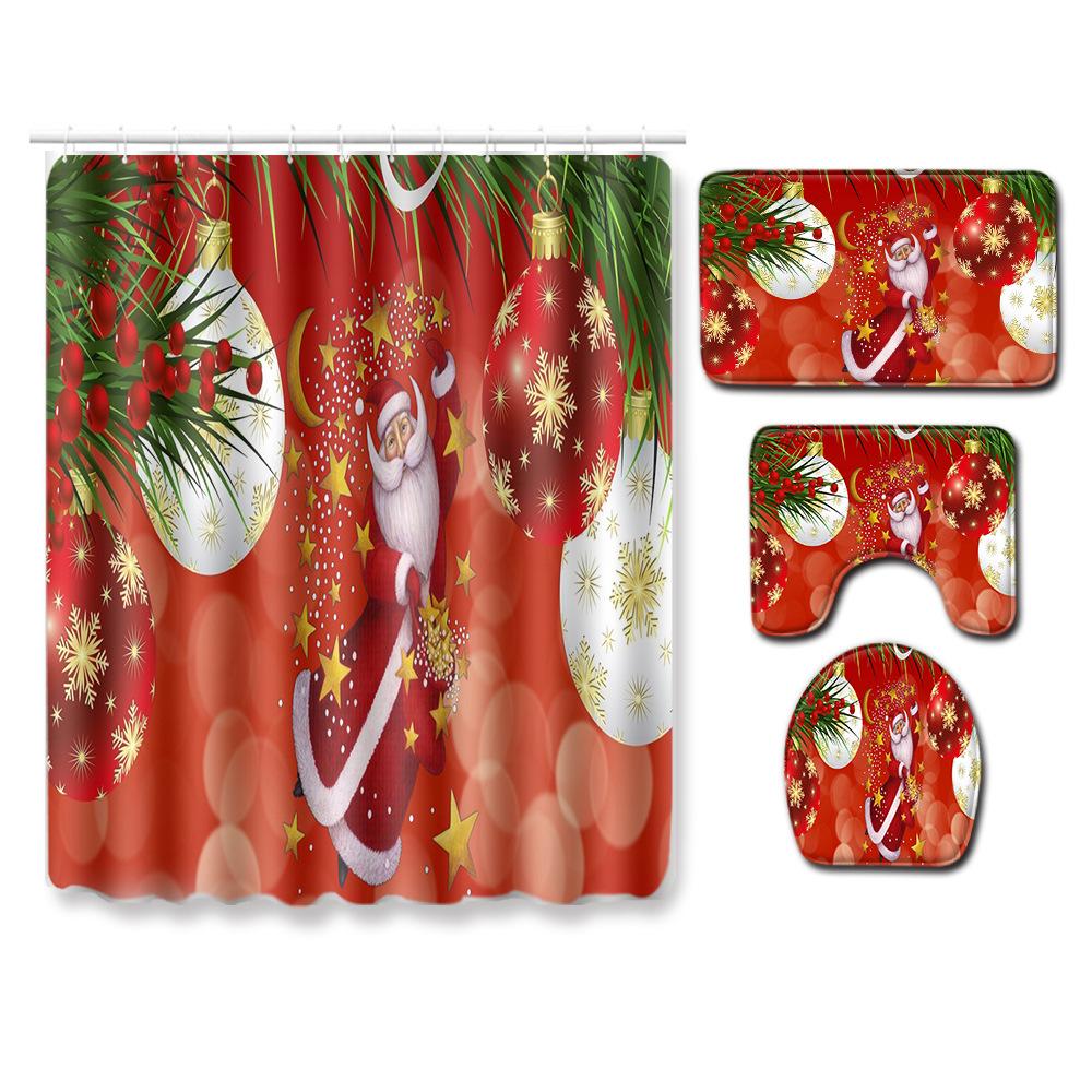 Christmas Shower Curtain Floor Mat Combination Four-Piece Set Bathroom Toilet Carpet Shower Room Mat Foot Mat