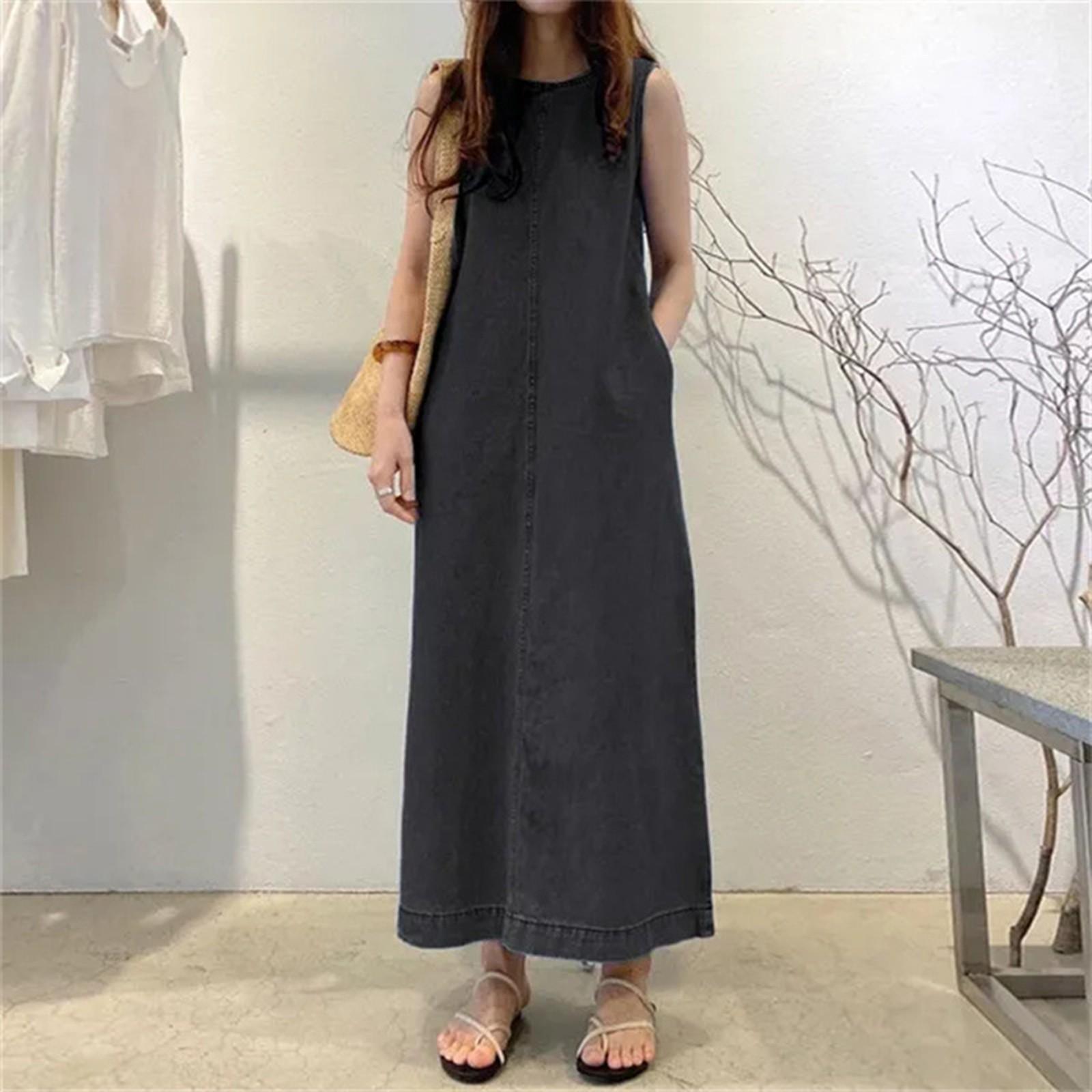 

Women s Fashion Solid Color Maxi Dress Round Neck Sleeveless Pocket Loose Tank Top Denim Dress XXXL чёрный