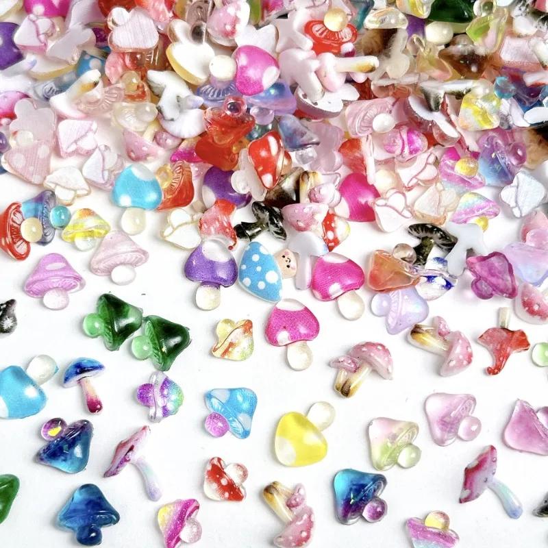 30/90pcs Dopamine Colored Adorable Mushroom Resin Nail Charms Colorful Dazzling Translucent Nail Art Decorations DIY Nails Ins