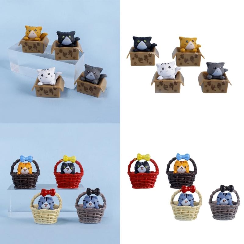4Pieces Funny Basket Cats Miniature Figurine Plastic Decorative Ornaments Living Space Accent Gift for Kitten Lover