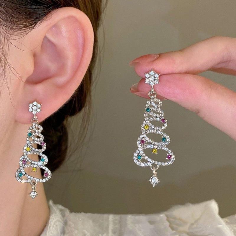 Sparkling Christmas Tree Earrings with Rhinestones & 925 Silver Needle
