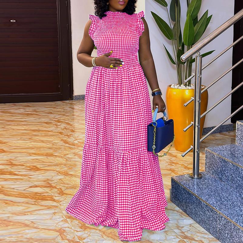 

M-XXXXXL Летнее женское длинное плиссированное платье без рукавов с клетчатым принтом 5XL темно-розовый