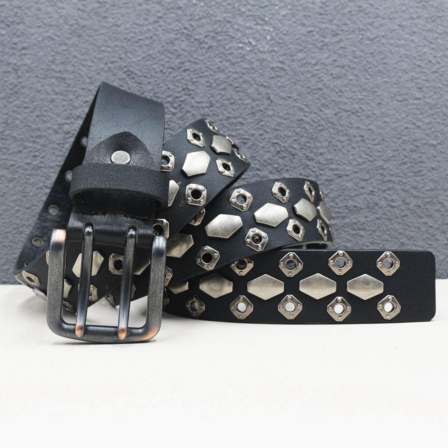 Rivet Belt Genuine Leather Double Pin Buckle Belt Classic Hollowed Out Strap Jeans Cowhide Men Waistband Width:3.8cm