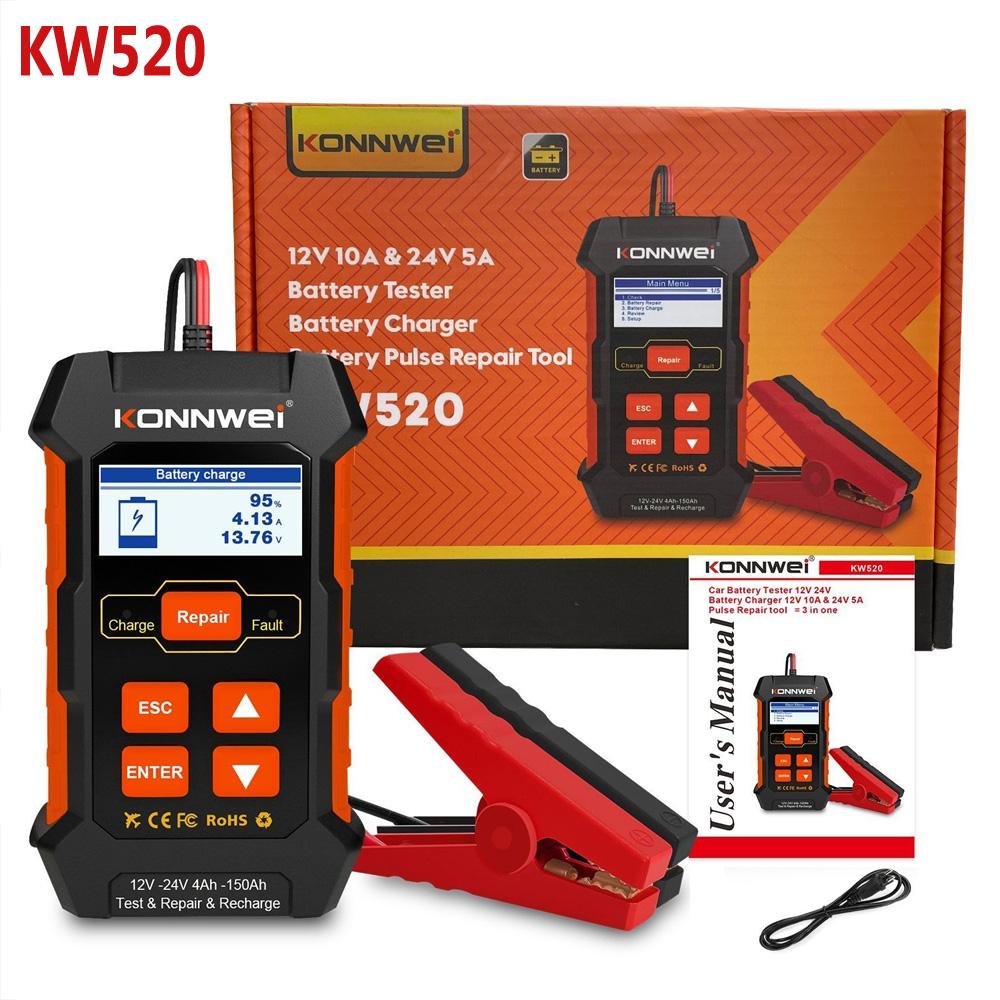 KONNWEI KW520 Full Automatic 12V-24V Car Battery Tester Pulse Repair 10A Battery Chargers Wet Dry AGM Gel Lead Acid Car Repair Tool