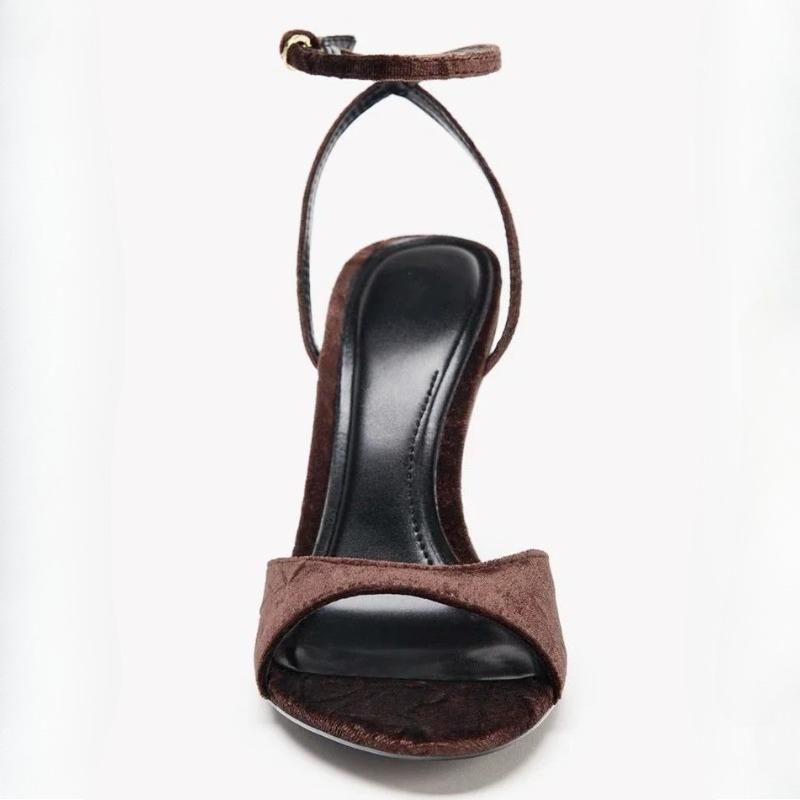 Retro Brown Velvet High-heeled Sandals for Women Sexy Open-toe Ankle Strap Buckle Heels Elegant Banquet Slingback Dress Shoes