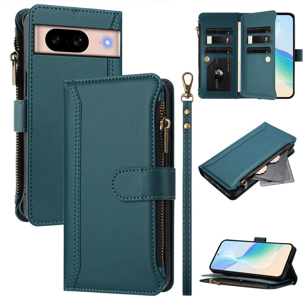 For Google Pixel 8a Leather Case 9 Card Slots Zipper Wallet Stand Phone Cover with Wrist Strap