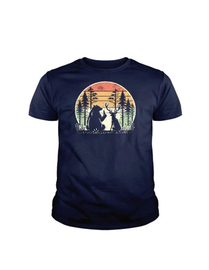 Bear And Deer Forest Sunset Nature Vintage T-Shirt L