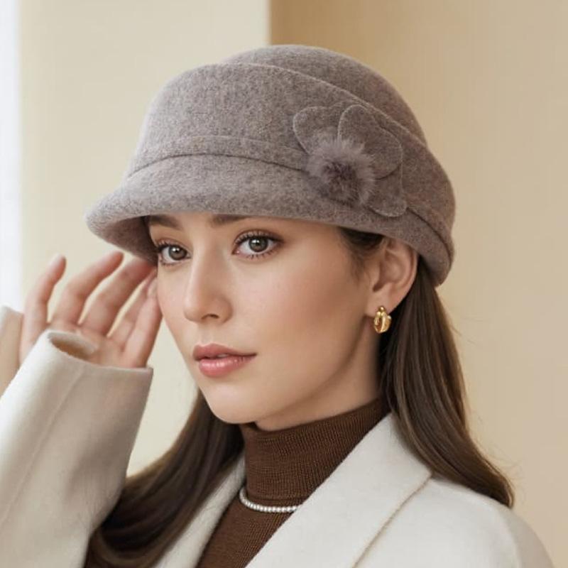 

Осень и Зима Женская Шерстяная Элегантная Теплая Шапка-Ведро с Цветком Повседневная Шляпа для Верховой Езды Ретро Цилиндр ONE SIZE темно-коричневого
