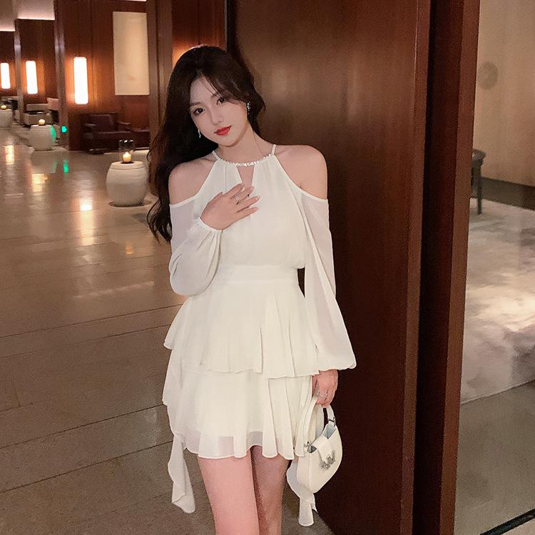 Summer French neck off-the-shoulder chiffon dress fairy coffee break skirt high-end seaside vacation tutu skirt