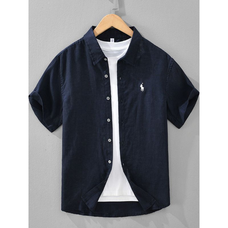 High-End Pure Linen Shirts for Men, Short-Sleeved Printed Tops, Summer Thin Breathable Cotton-Linen Shirts