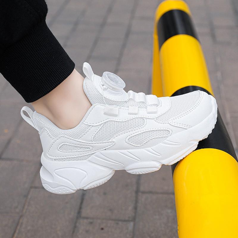 Kids White Mesh Running Shoes With Rotating Buckle Breathable Lightweight Sneakers Boys Girls Daily Wear