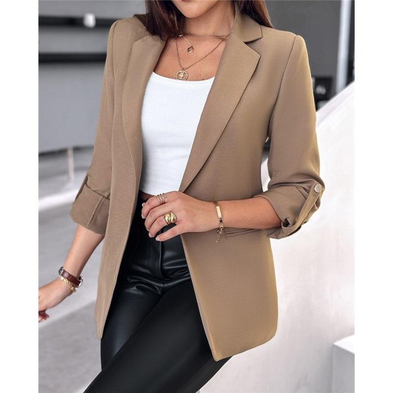 Women's Solid Color Long-sleeved Cardigan Suit Jacket, Business Style, Simple Unbuttoned Jacket For Formal Occasions