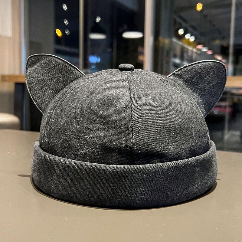 New Cute Cat Ears Melon Skin Cap Women Adjustable Fashion Versatile Brimless Dome Landlord Hat Men Denim Hip Hop Beanie Caps