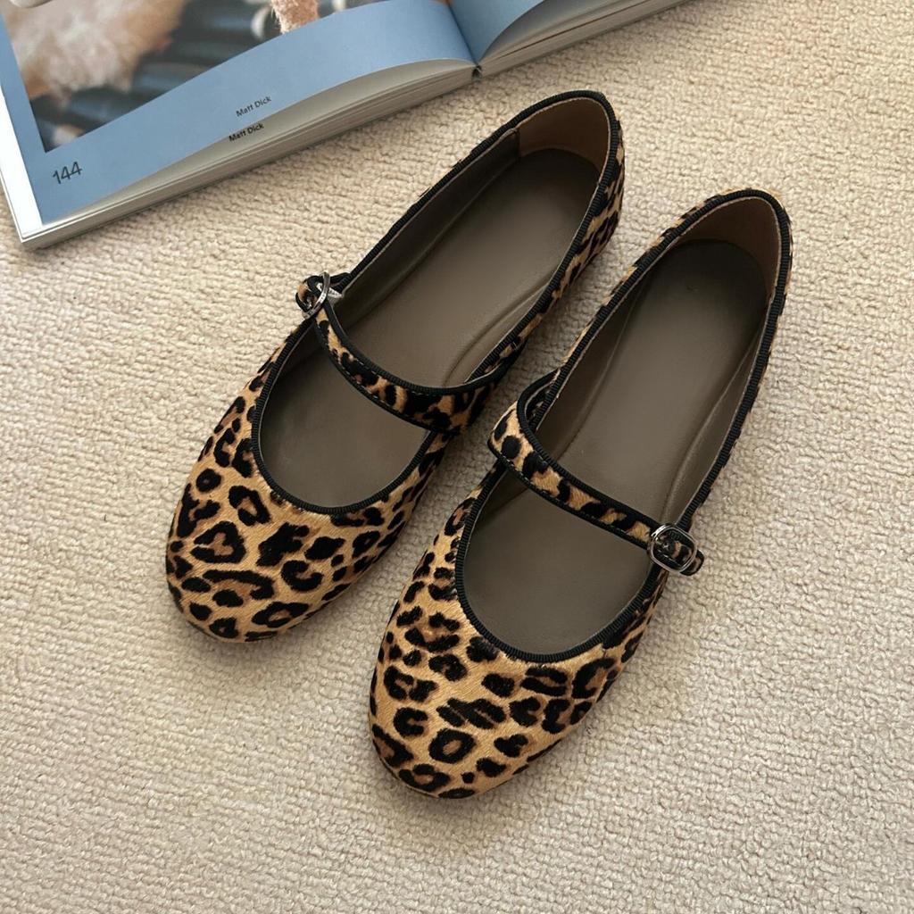 Leather French leopard print round head one-word buckle with Mary Jane single shoes women's 2025 new spring ballet flats