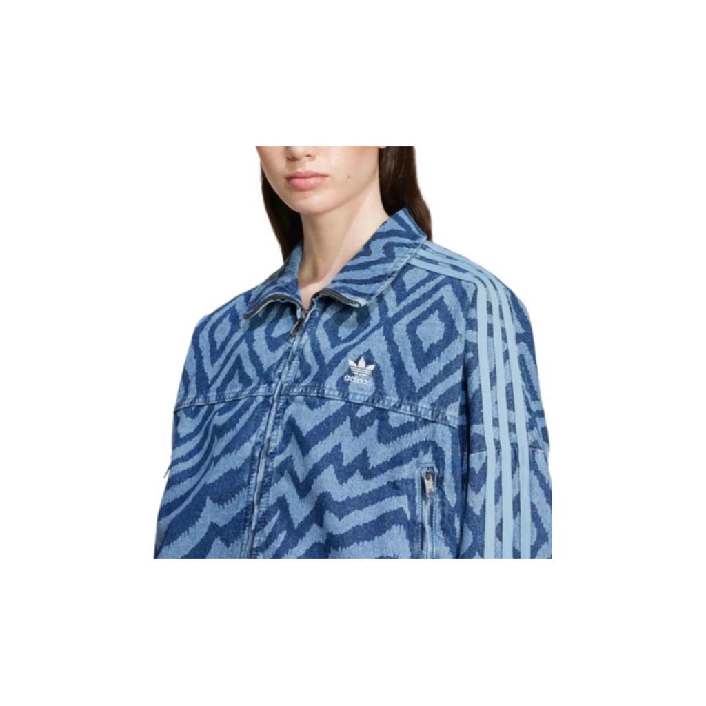 Adidas Originals X Farm Rio Collaboration SS24 Comfortable Fashionable Versatile Zip Design Long Sleeve Denim Jacket Women Jackets Blue IW0793