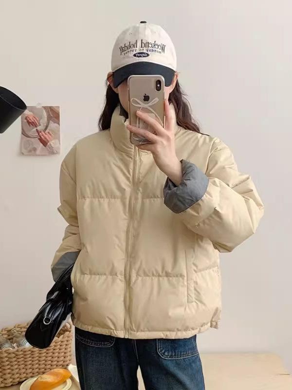 Women's 2025 Winter Korean Style Short Down Jacket, Thickened Stand-up Collar, Petite All-match White Duck Down Color Block Puffer.
