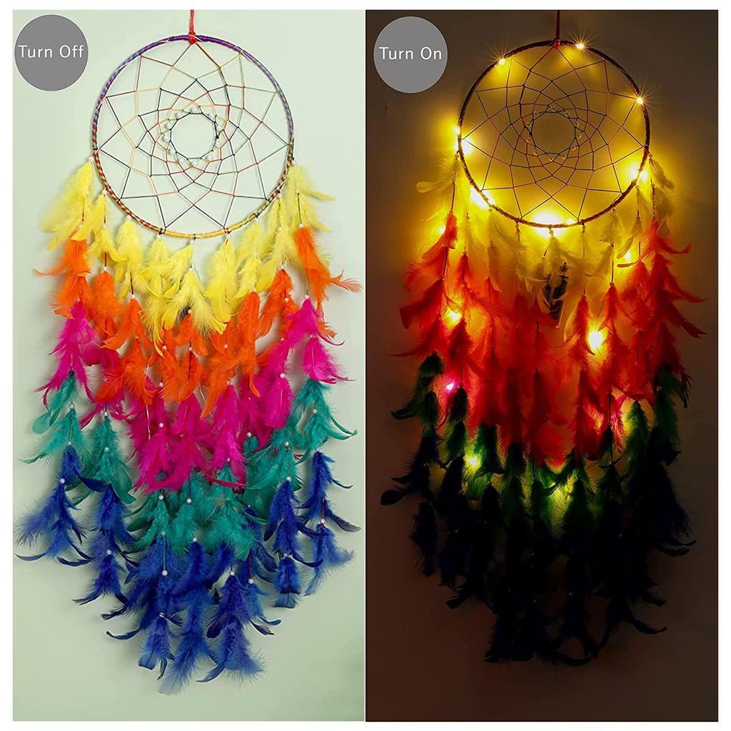Dream Catcher with Lights, Wall Hangings, Crafts,  for Bedroom, Balcony, Garden, Party, Café, Decoration, Wedding, Decorative, Multi Feathers