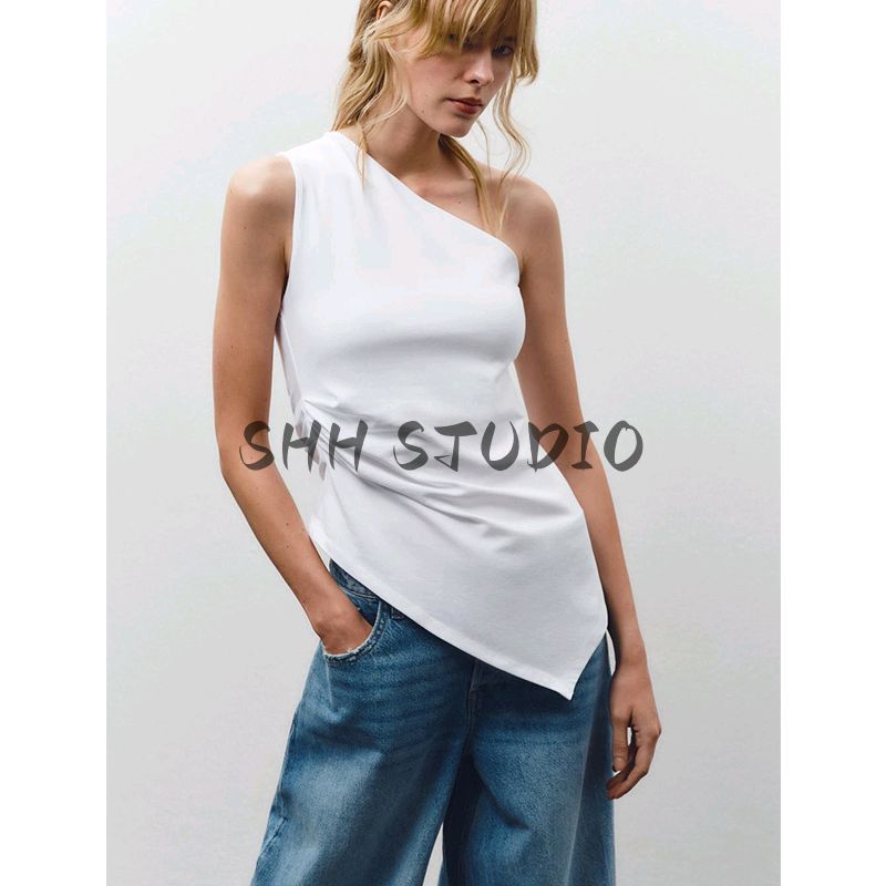 Spring New Women clothes French style Pleat Decorative Cotton Blend Asymmetric Simple Temperament Top 0085182