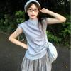 Korean Version of Pure Desire Style Striped Drawstring Strap Slim and Thin Waist T-shirt Sexy Babes Niche Sleeveless Top Ins