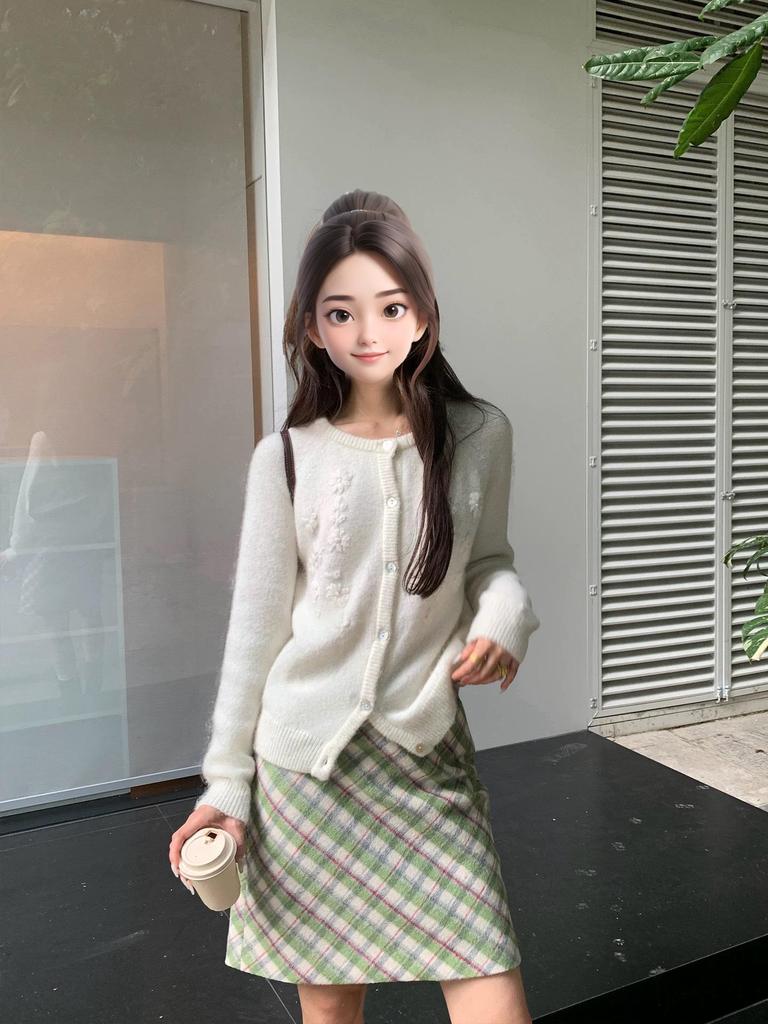 Korean Style 2025 Autumn/Winter Retro Green Plaid Skirt