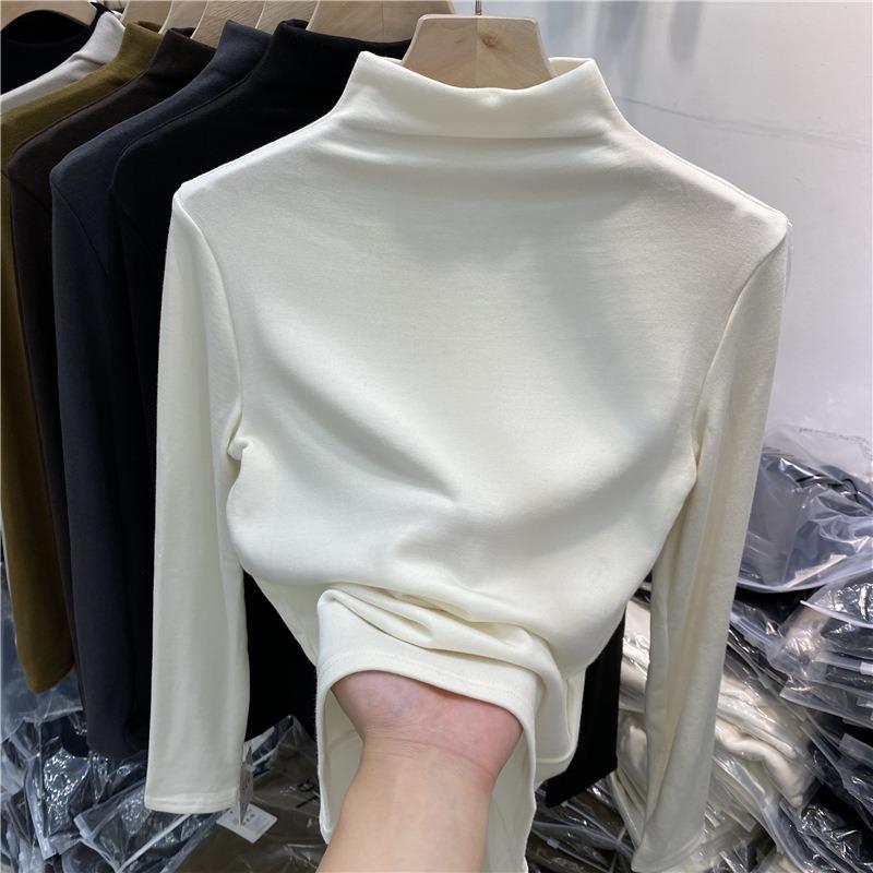 Solid color semi-turtleneck German fleece polished shirt women's autumn and winter fleece long-sleeved T-shirt thermal top