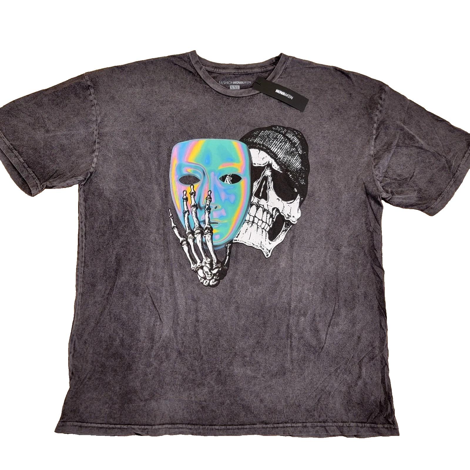 Holographic Mask Skull T-Shirt Men s 2XL Black Acid Wash Tee Fashion Nova NWT S
