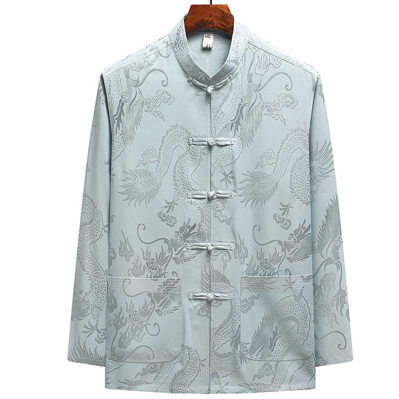 Men's Ice Silk Long-Sleeve Tang Suit: Chinese-Style Spring Hanfu for Older Adults, Loose Fit