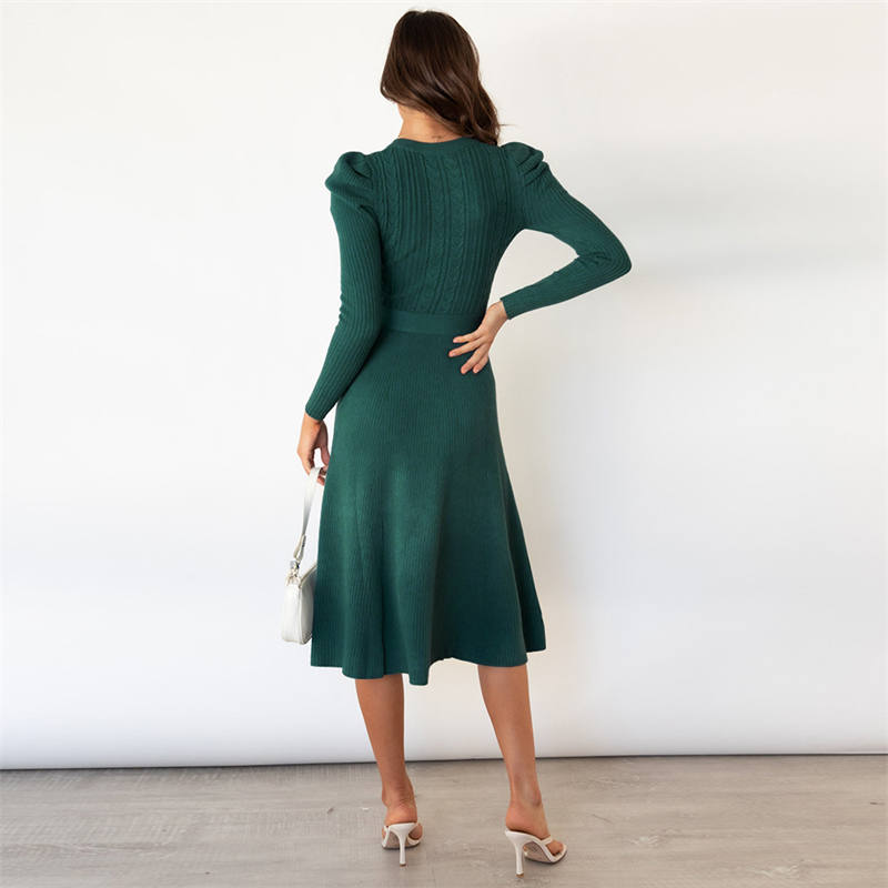 Knitted Dress Big Swing Dress Base Sweater Dress Slimming High Waist Bubble Long Sleeve Mid-Length
