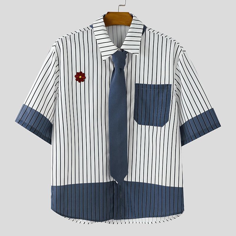 

INCERUN Men Tie Lapel Neck Short Sleeve Button Striped Print Splicing Casual Loose Shirts 5XL синий