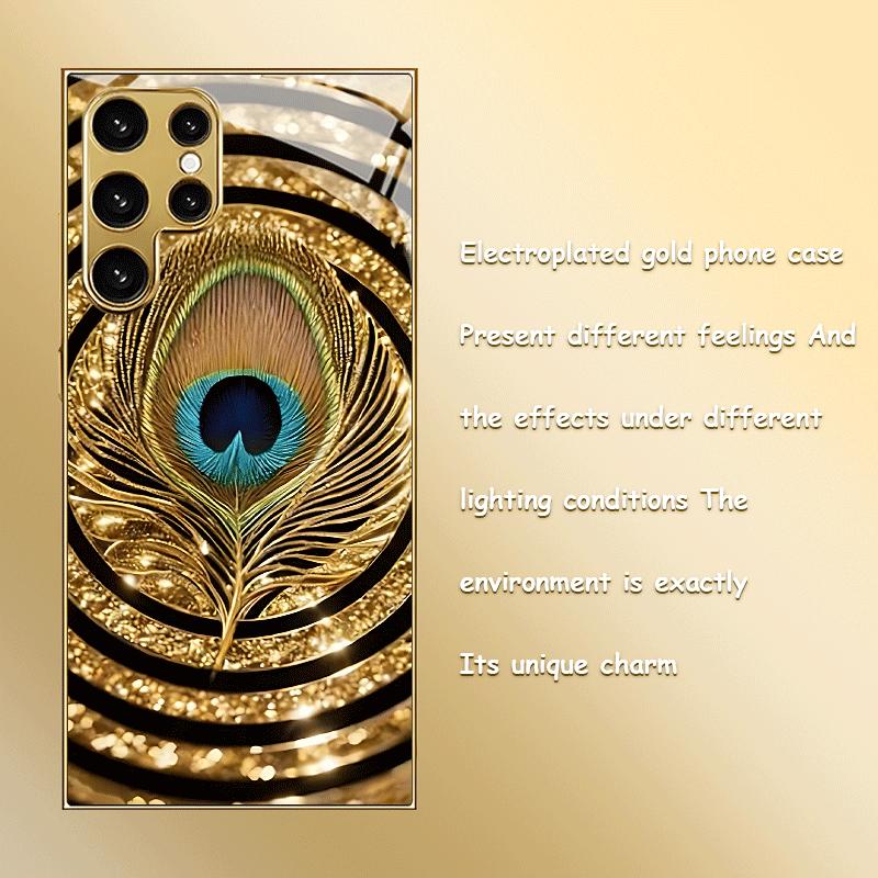 Gold-plated Tempered Glass Phone Case, Compatible Galaxy S26 S25 S24 S23 S22 Ultra Plus. Features a Gold and Blue Feather Design