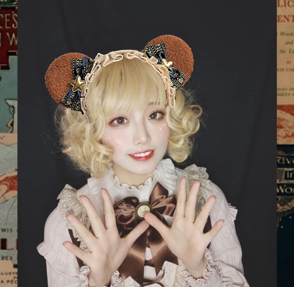 Bear Ear Headband Lolita Headpiece with Large Cotton and Cosplay Costume [SRrabbit] Ears, Off-White Lace, (Navy & Gold)