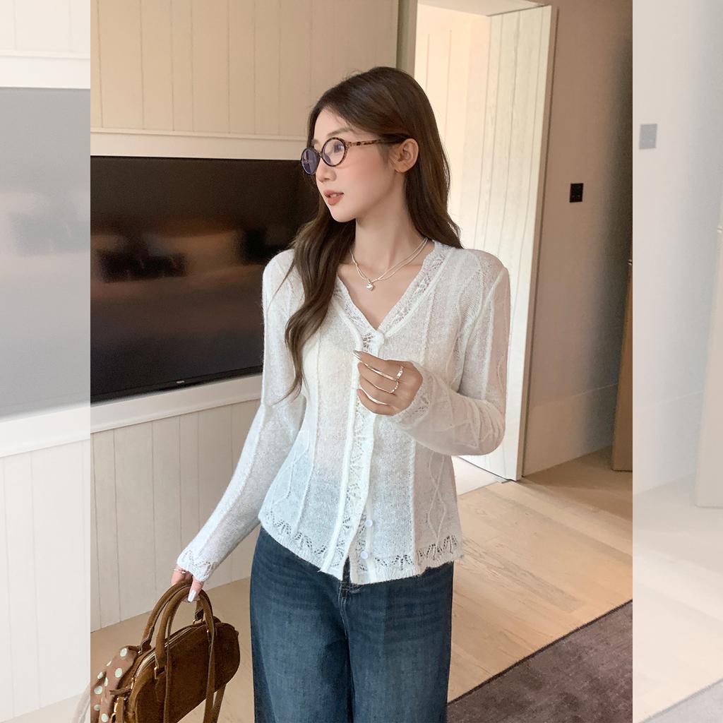White Lace V-neck Breasted Diamond Long-sleeved Knitted Sweater Women's Clothing Early Autumn Wear High-end Cardigan Jacket Top