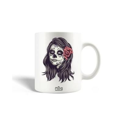 Mug En Céramique - Fille Du Mexique - Tête De Mort - 30cl - Compatible Lave-Vaisselle - Blanc