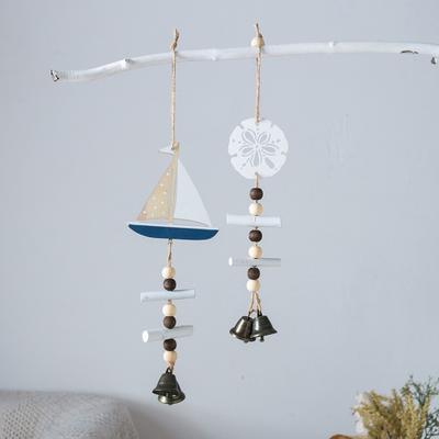 Beach Ocean Starfish Hanging Decoration with Bell Farmhouse Rustic Wooden Sailboat Shell Ornament Summer Nautical Coastal Wind Chime Pendant
