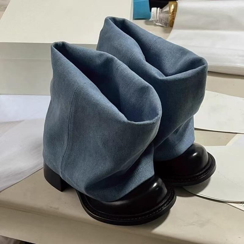 Fashion Jeans Tube Boots for Women New Round Toe Thick Heel Sleeve Slimming Fashion Boots Versatile Stacking Boots